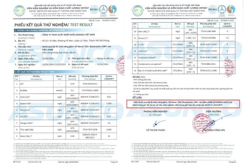 Lõi chức năng của Asunco đạt tiêu chuẩn QCVN 6-1:2010/BYT của Bộ Y tế