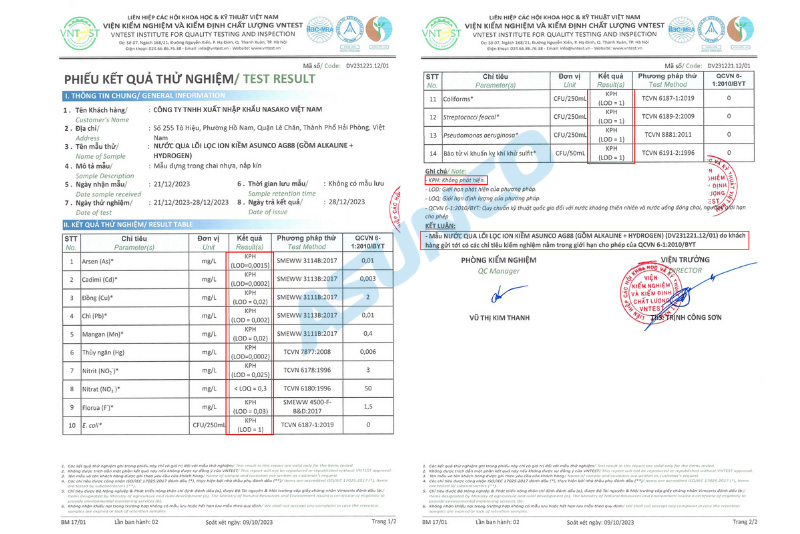 Chứng nhận chất lượng của Lõi tạo nước ion kiềm Asunco AG88